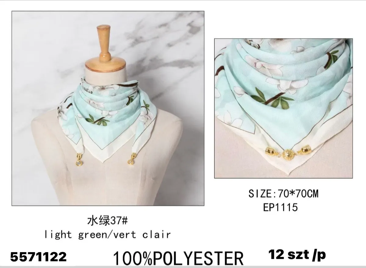 Chusta damska miętowa z kwiatami 70x70cm 100% poliester
