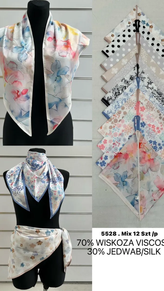 Chusty damskie mix wzorów 70% wiskoza 30% jedwab mix 12 szt