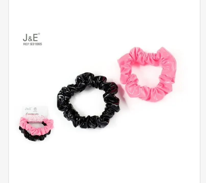 J&E Gumki do włosów scrunchies czarno-różowe błyszczące