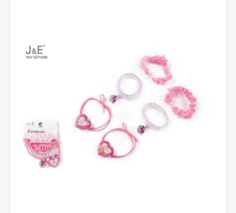 J&E Różowe Gumki do Włosów z Sercami i Kryształkami