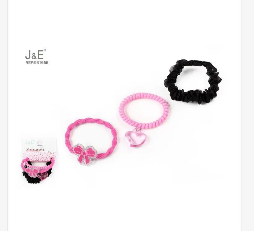 J&E Różowe i Czarne Gumki do Włosów z Sercem i Kokardą