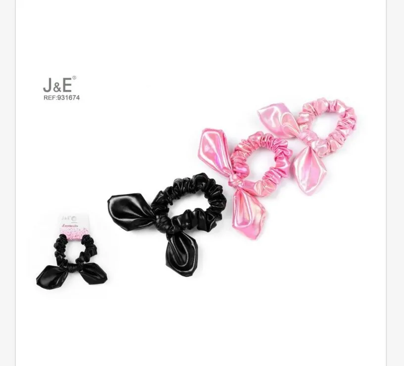 J&E Gumki do włosów scrunchies z kokardą czarny różowy błyszczący