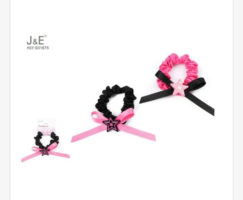 J&E Gumki do włosów scrunchies czarne i różowe ze gwiazdką