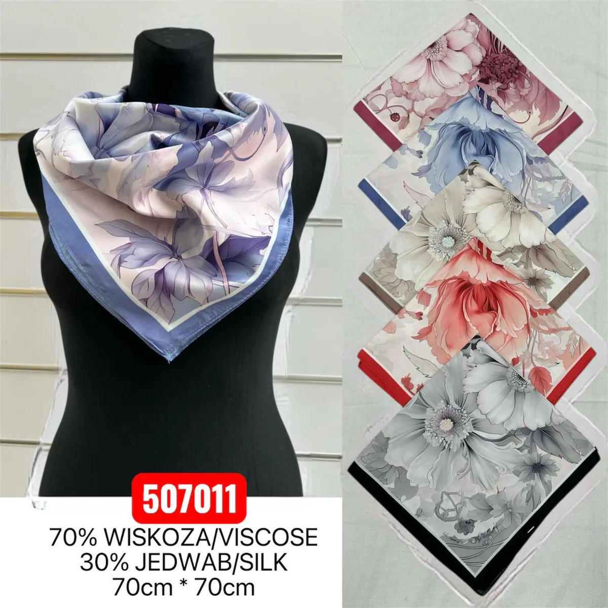 Chusty Kwiatowe 70% Wiskoza 30% Jedwab Mix Kolorów 70x70cm