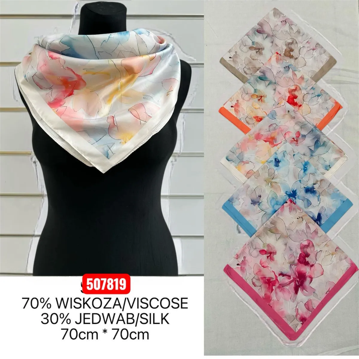 Chusty Kwiatowe 70x70cm 70% Wiskoza 30% Jedwab Mix