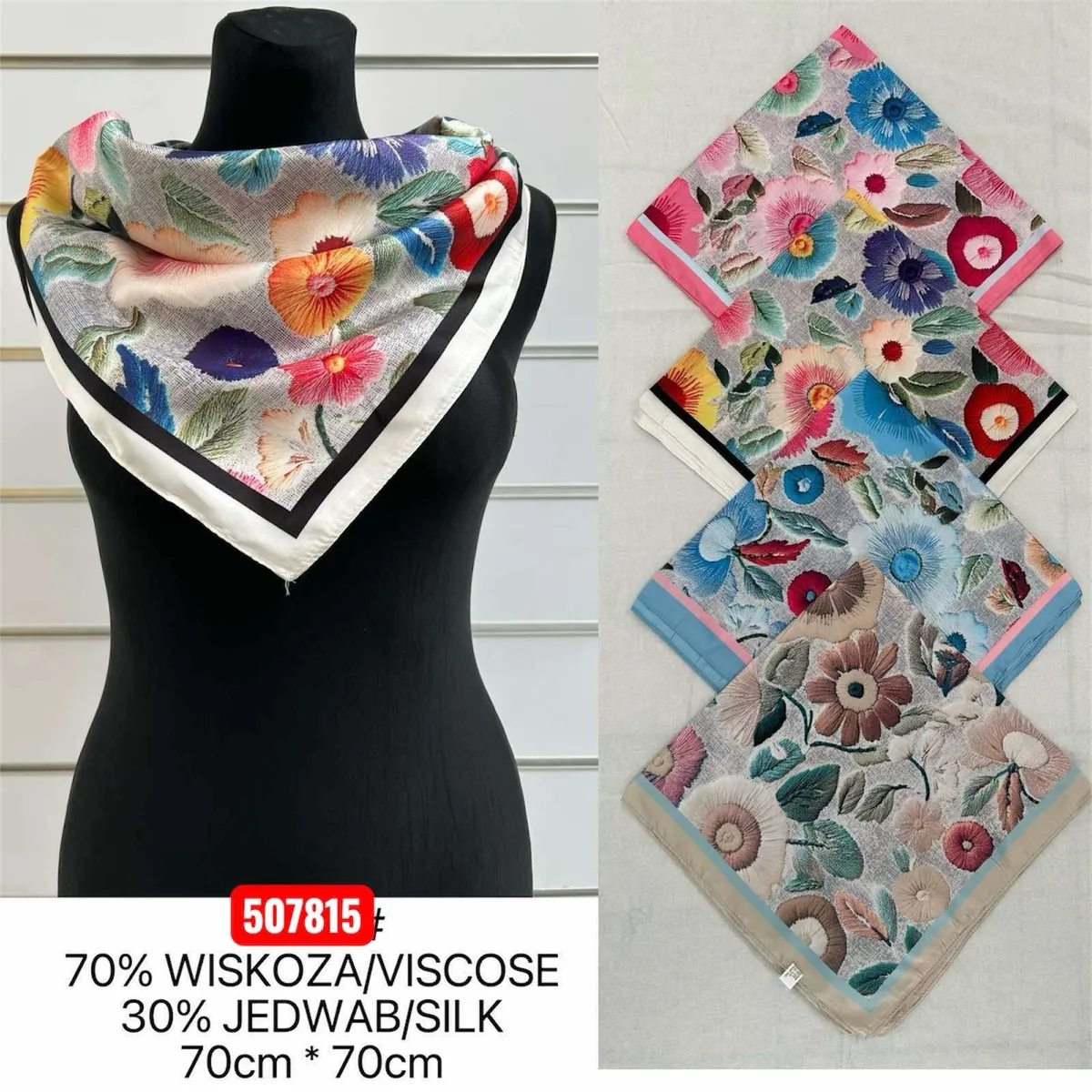 Chusta Kwiatowa 70x70cm Wiskoza/Jedwab Mix Kolory