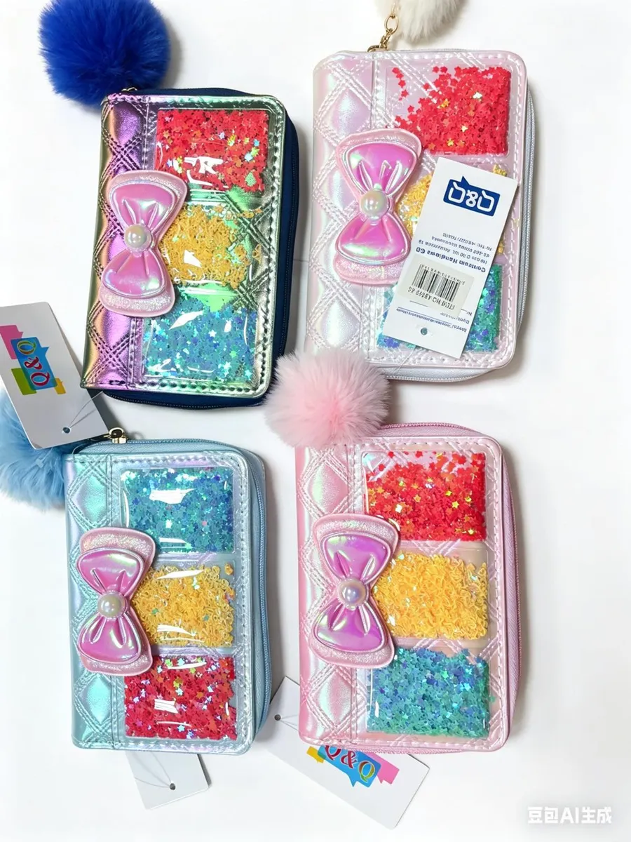 Portfel Q&O Glitter z Kokardą Różowy Niebieski Zielony