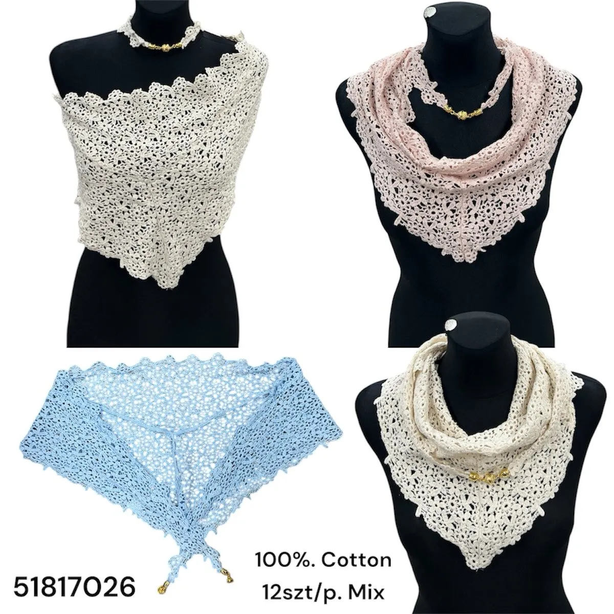 Koronkowe Chusty Bawełniane 100% Cotton Mix Kolorów 12szt