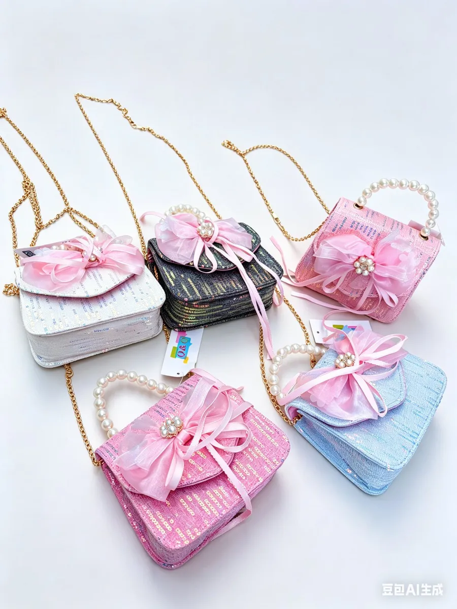 Dziecięca torebka błyszcząca z kokardą i perełkami multikolor