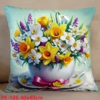 Poszewki dwustronne bukiet narcyzów w filiżance 40x40cm