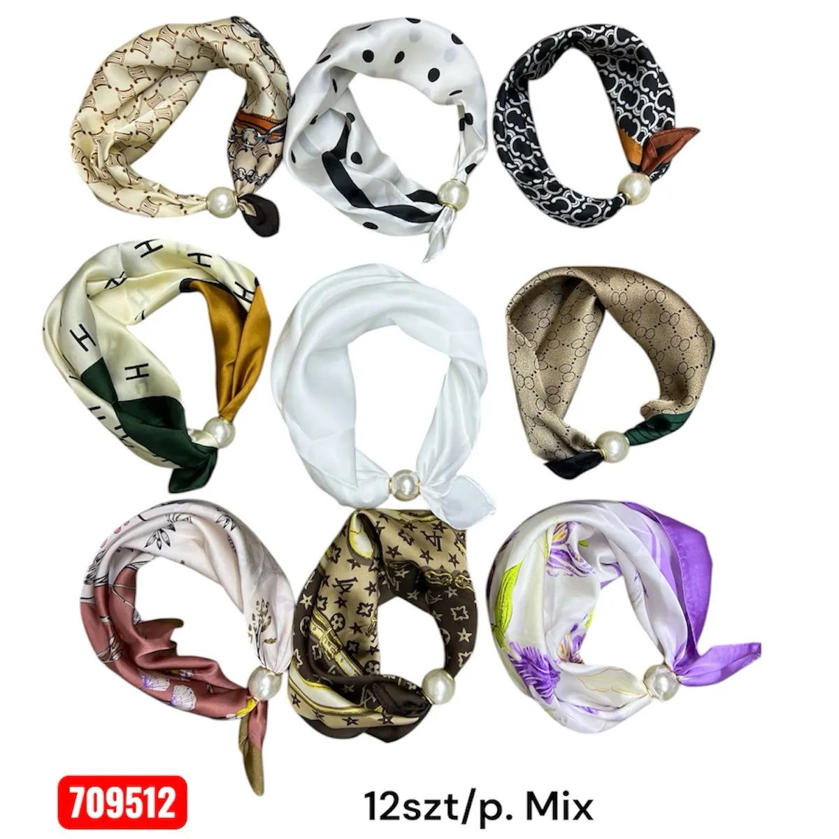 Chustki damskie jedwabne mix wzorów z perłą 12 szt