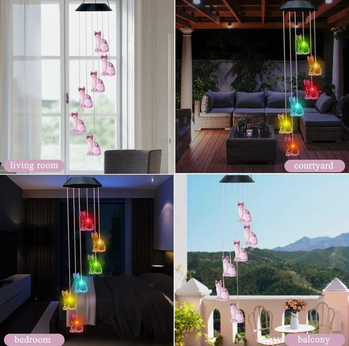 Wiszący wiatrak solarny z kotkami różowymi LED