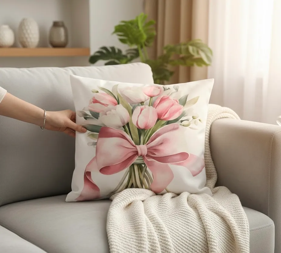 Poszewka na poduszkę 42x42 tulipany różowo-białe
