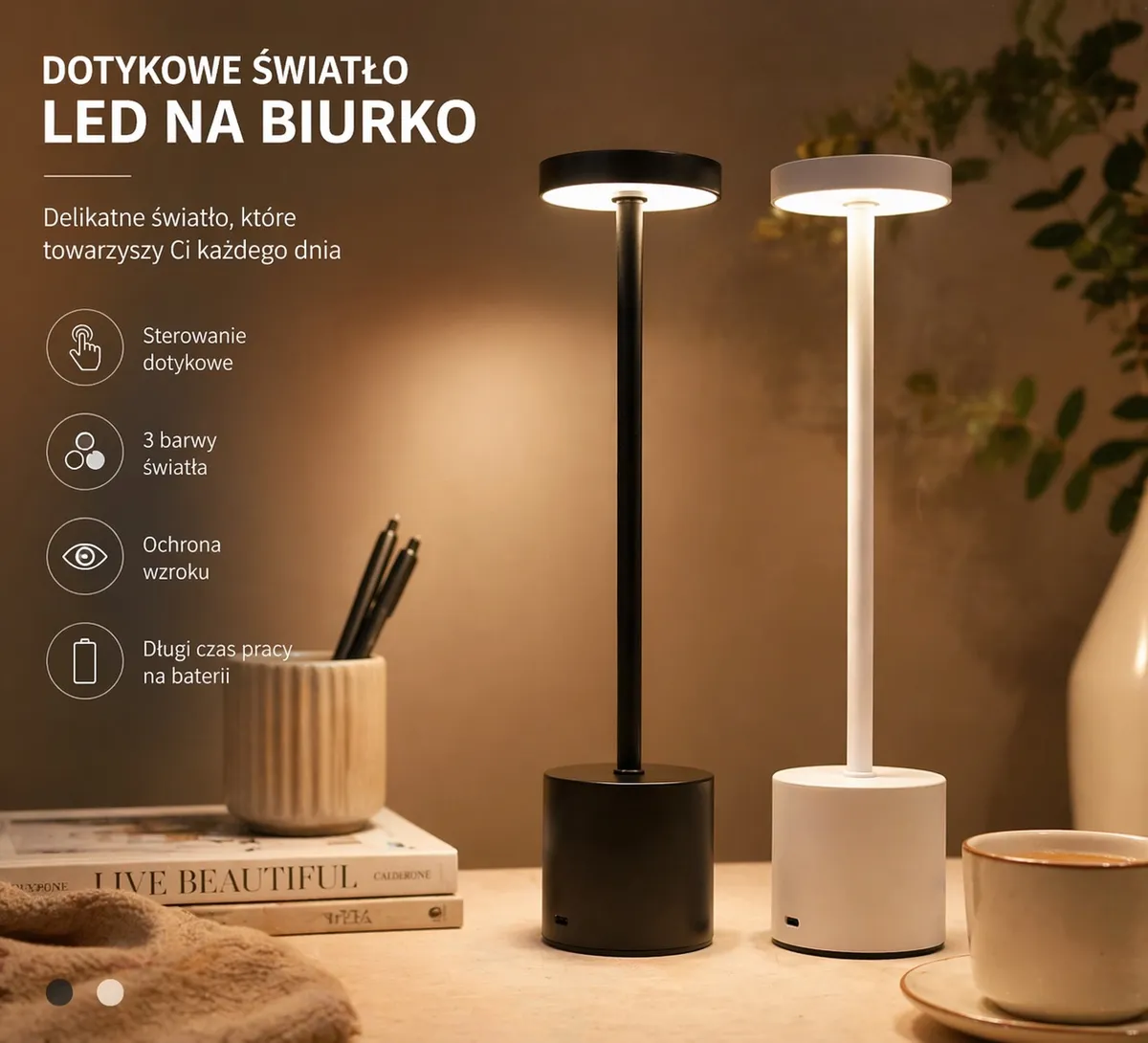 Dotykowa lampa LED na biurko 3 barwy czarna/biała