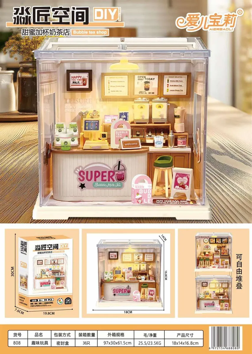 Zestaw DIY Miniaturka Sklep Bubble Tea AERBABY 18x14x16.8cm
