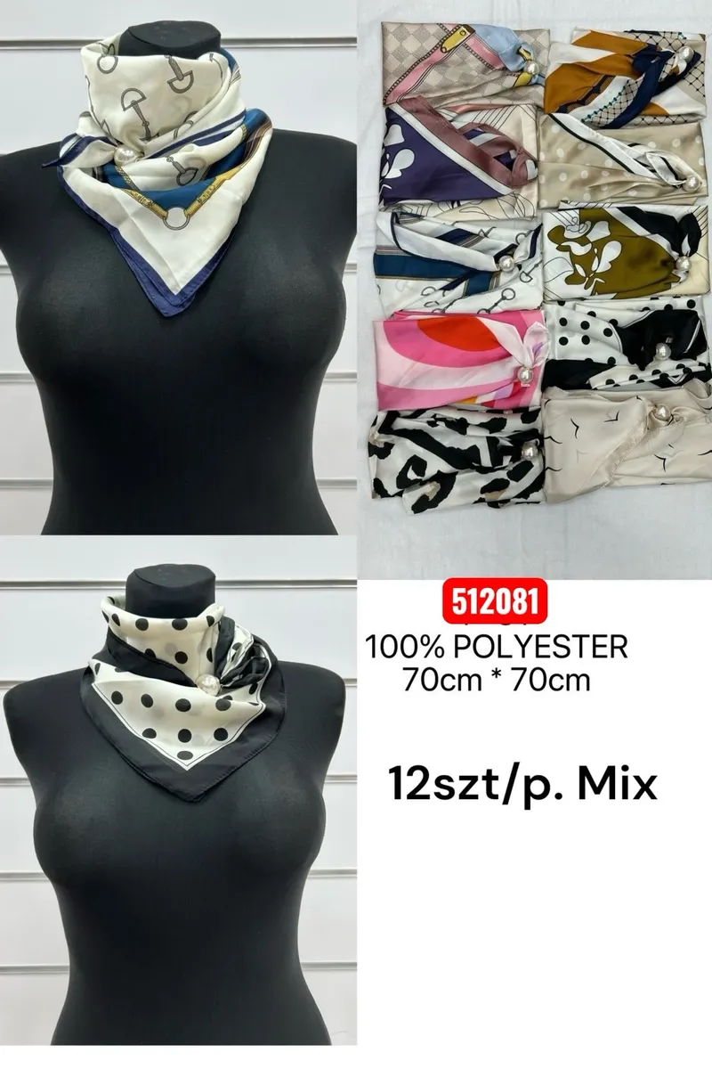 Chusty jedwabne 100% poliester 70x70cm Mix 12 szt