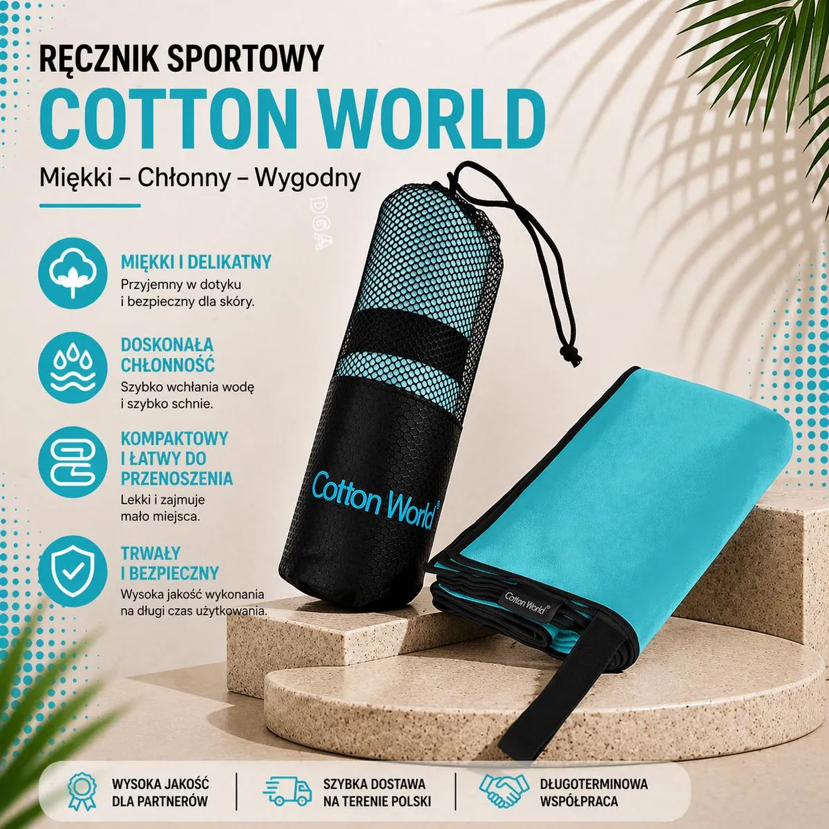 Ręcznik Sportowy Cotton World Turkusowy 100x180cm