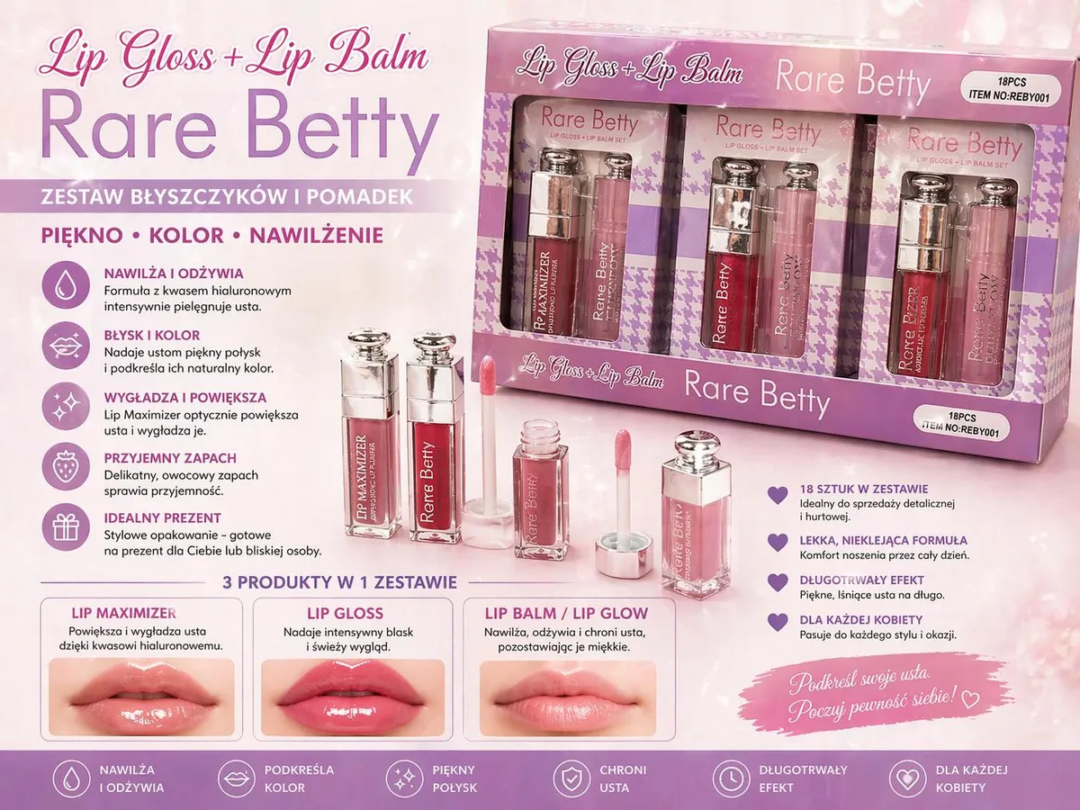 Rare Betty Zestaw Lip Gloss + Lip Balm 18 szt
