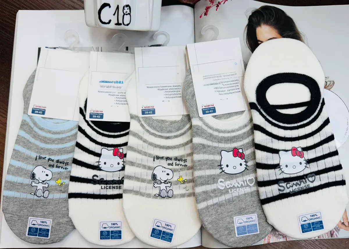 Skarpetki stopki 100% bawełna organiczna 39-42 Snoopy Hello Kitty