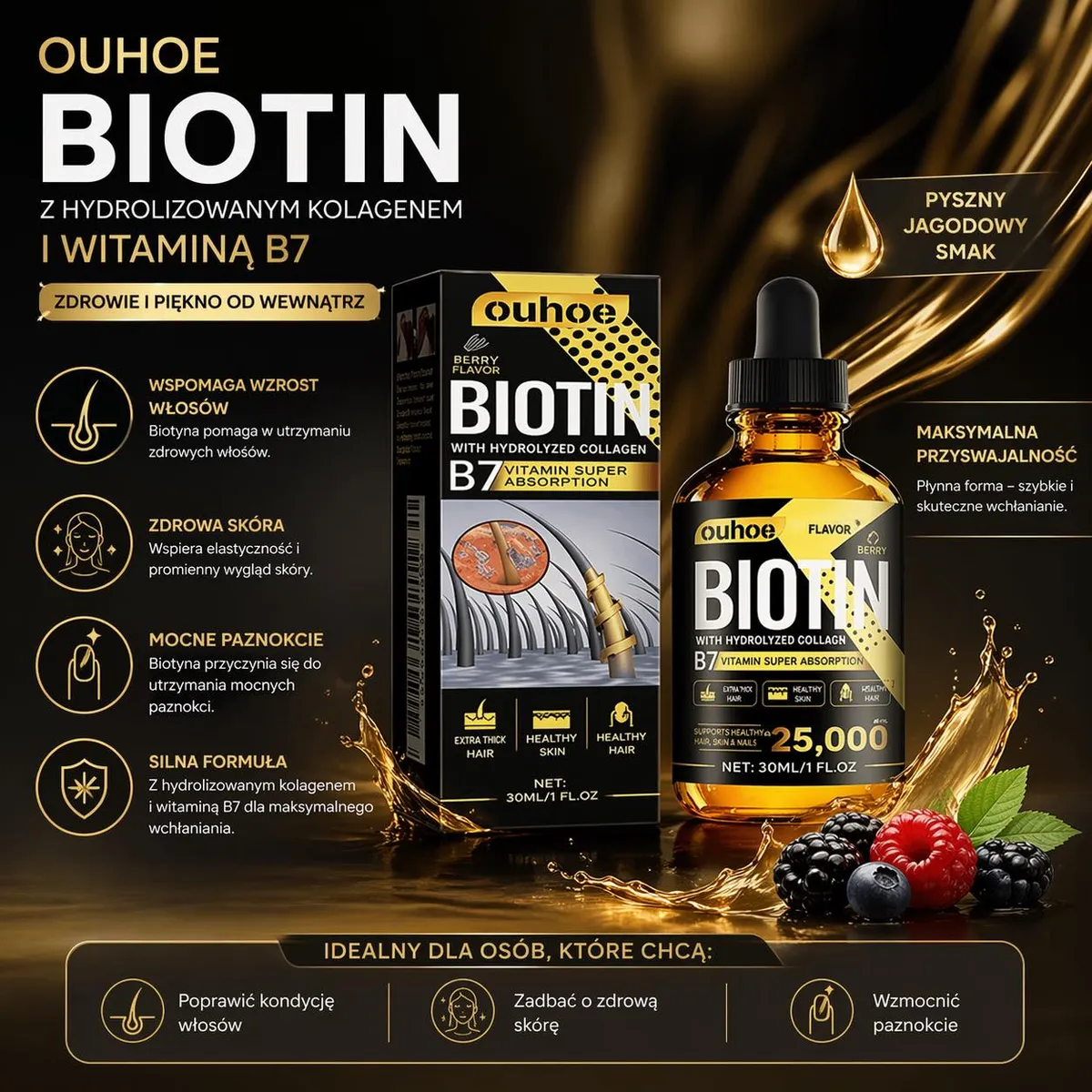 Biotyna z hydrolizowanym kolagenem jagodowy smak 30ml