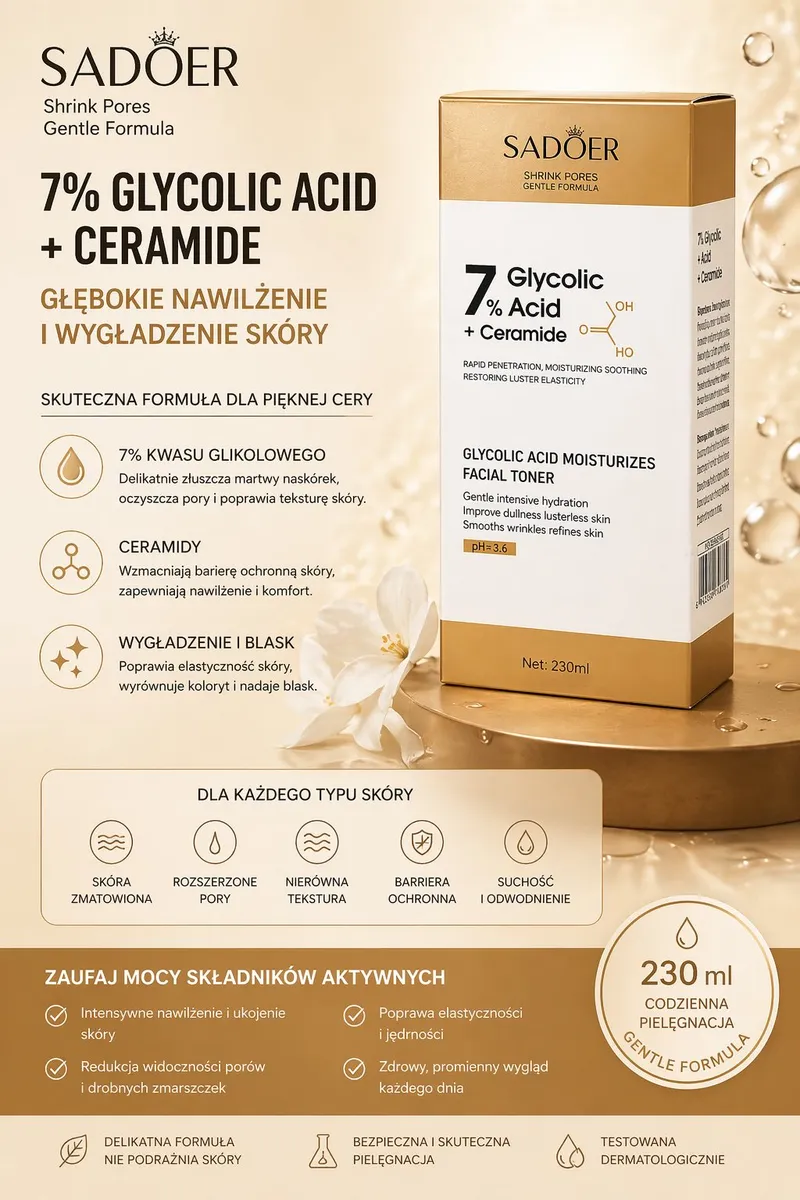 Tonik SADOER 7% Kwas Glikolowy z Ceramidami 230ml