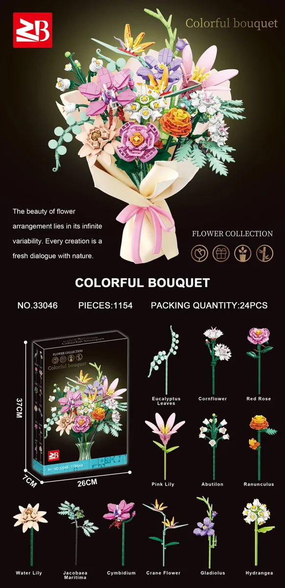 Zestaw klocków kwiatowy bukiet Colorful Bouquet 1154 el. 26cm