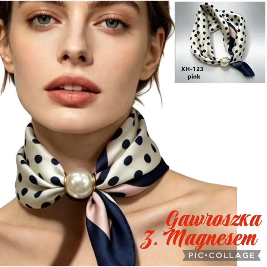 Gawroszka z magnesem w kropki biało-granatowo-różowa