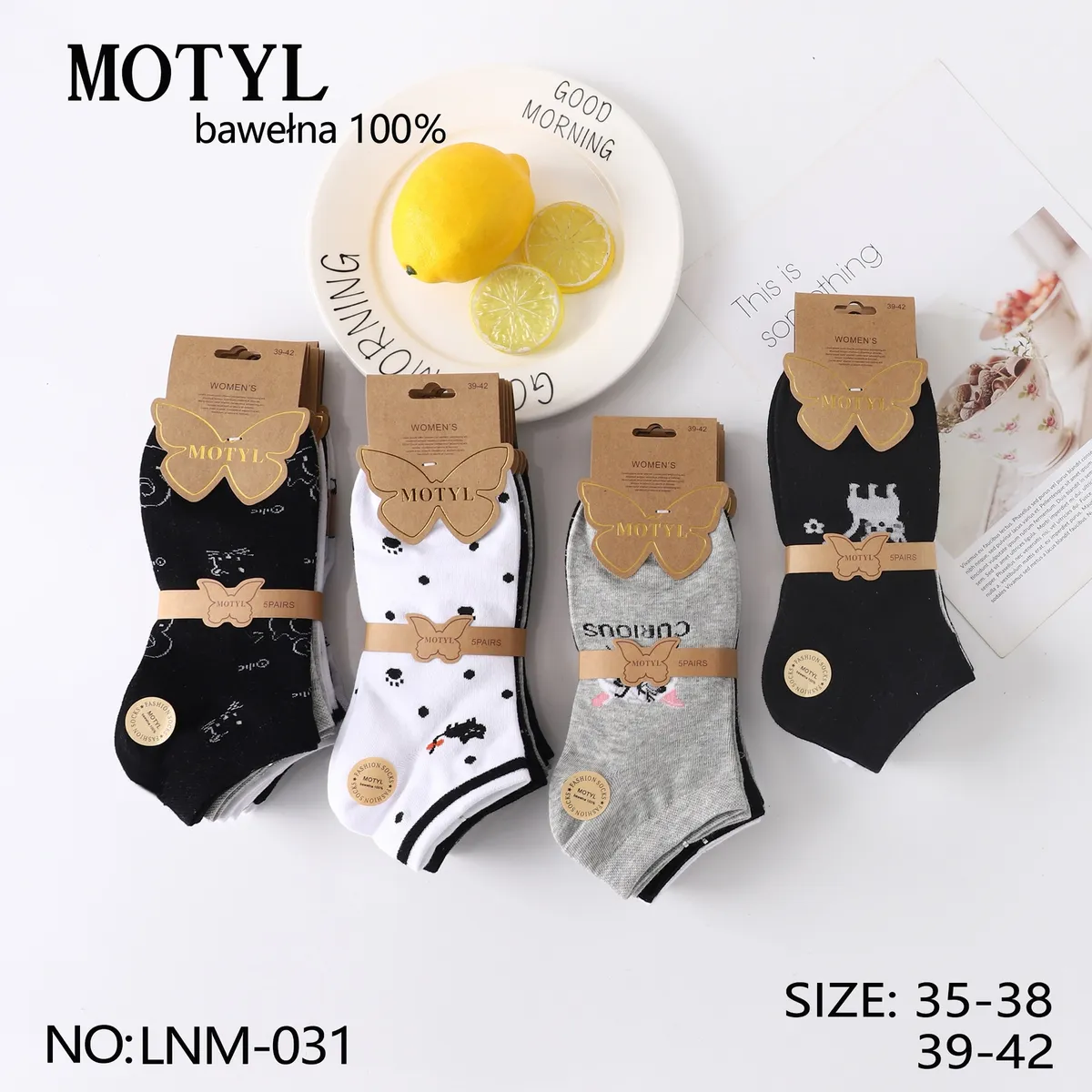 Skarpetki Motyl damskie bawełniane 35-38 z kotami 5 par