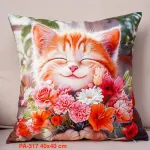 Poszewka 40x40cm Kot Rudy z Kwiatami PA-317