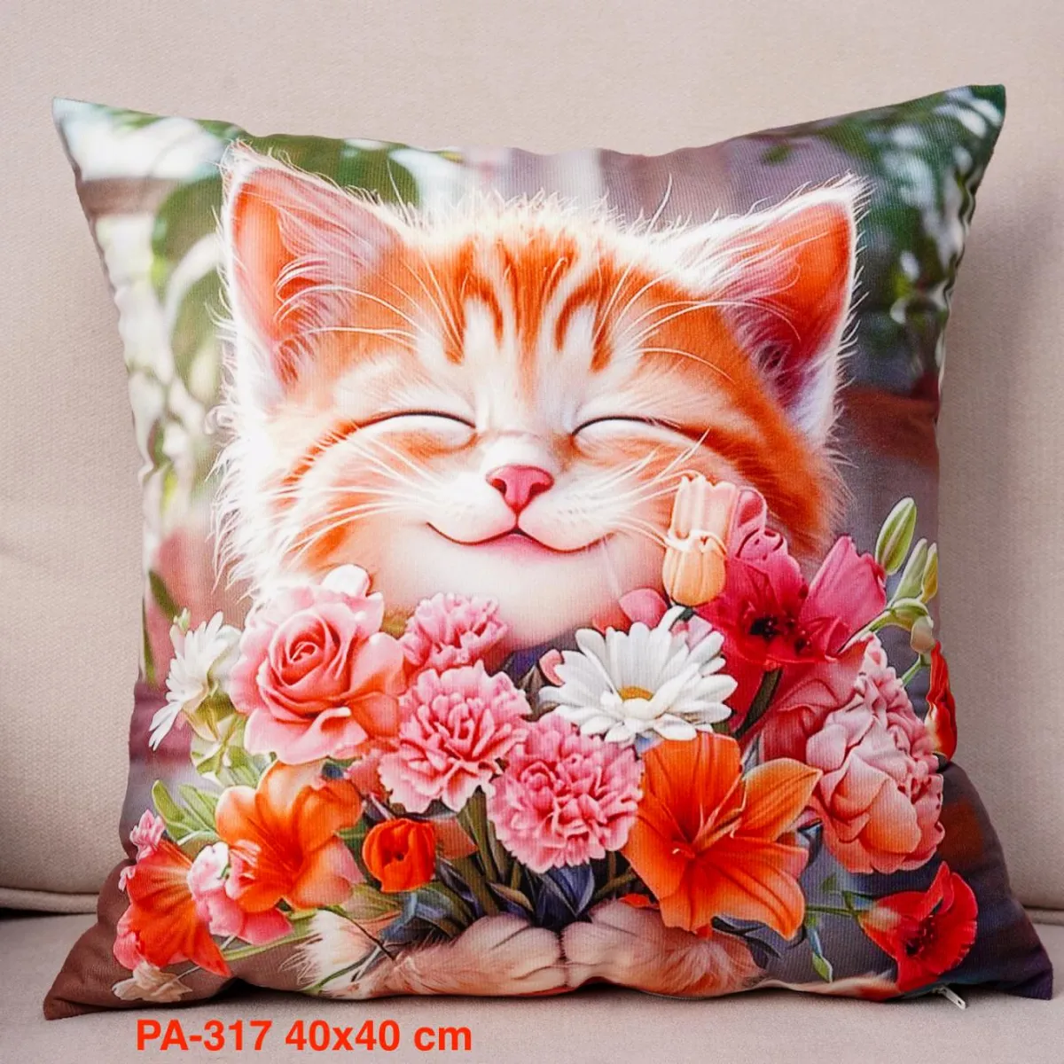 Poszewka 40x40cm Kot Rudy z Kwiatami PA-317