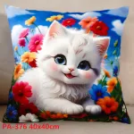Poszewka 40x40cm z białym kotkiem i kwiatami