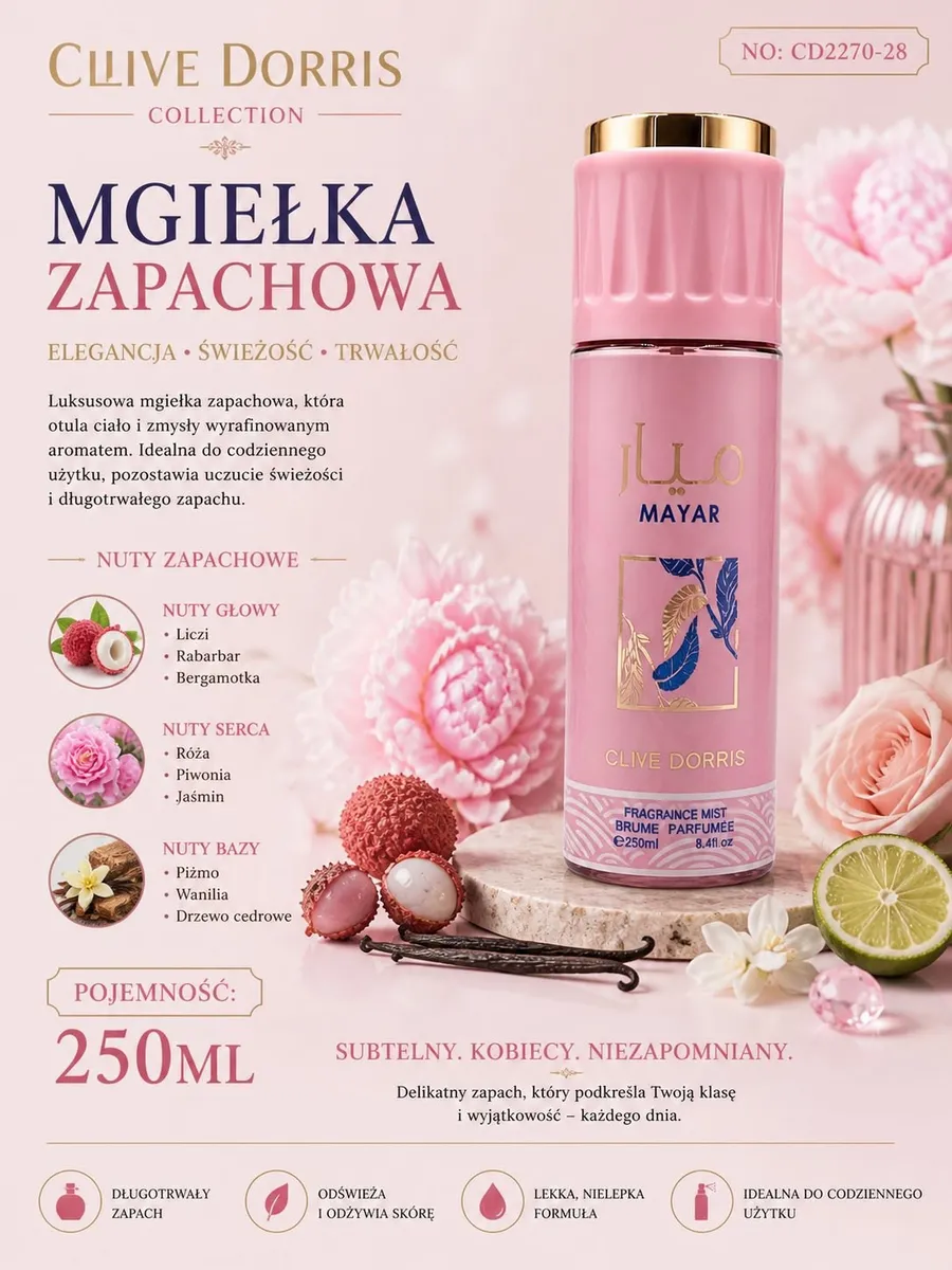Mgiełka zapachowa Clive Dorris 250ml Nuty Głowy Liczi