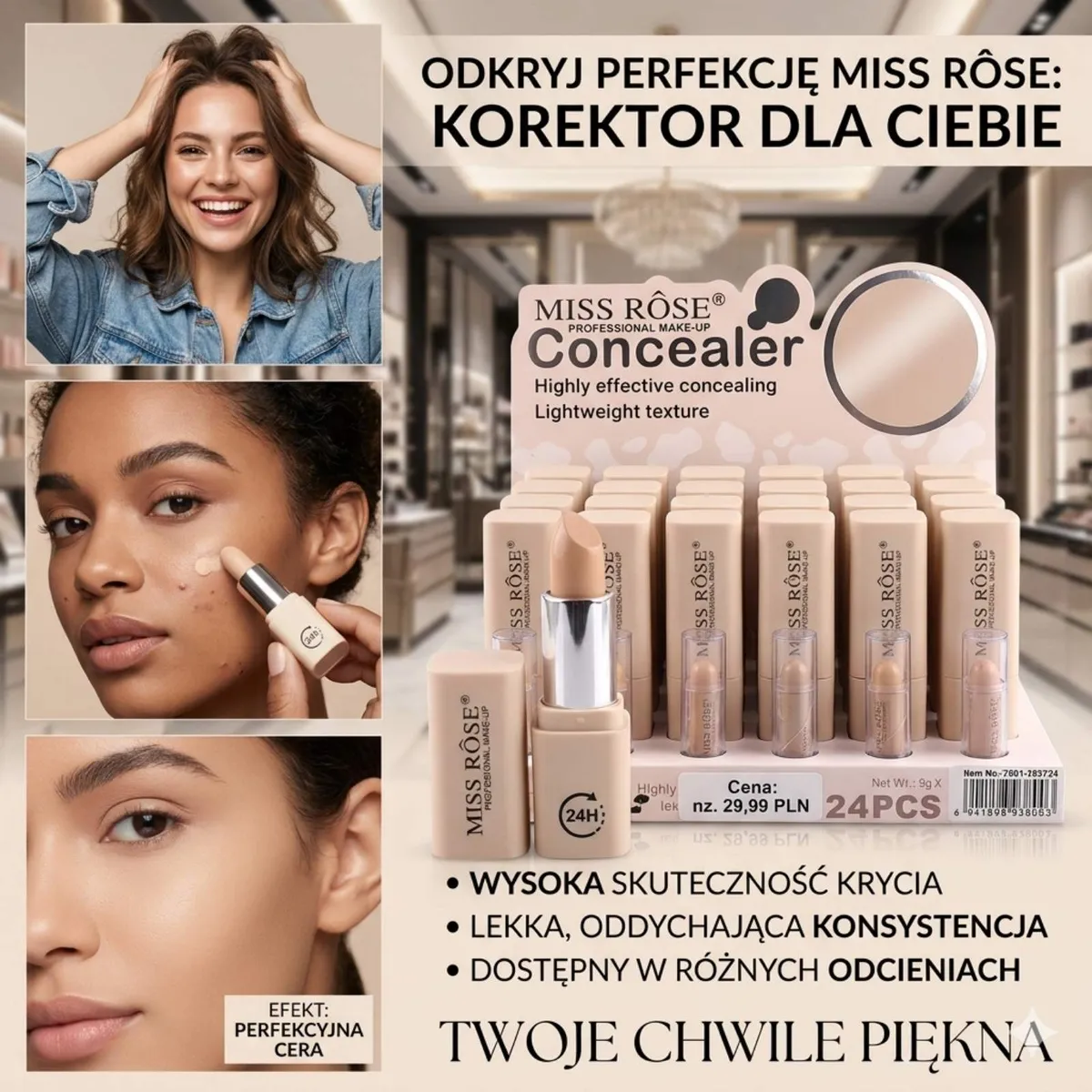 Miss Rôse Korektor w sztyfcie beżowy 9g wysoka krycia