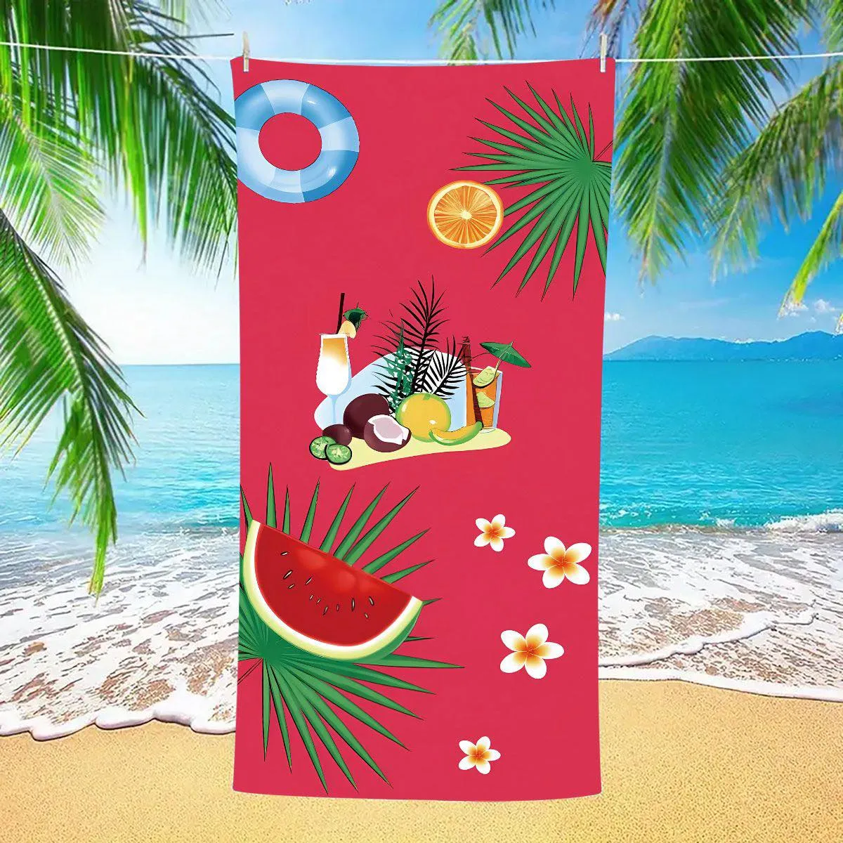 Ręcznik plażowy mikrofibra 70x140cm czerwony tropikalny