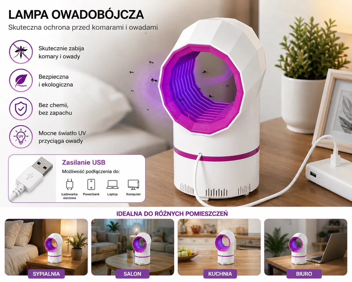 Lampa owadobójcza UV USB biała fioletowa