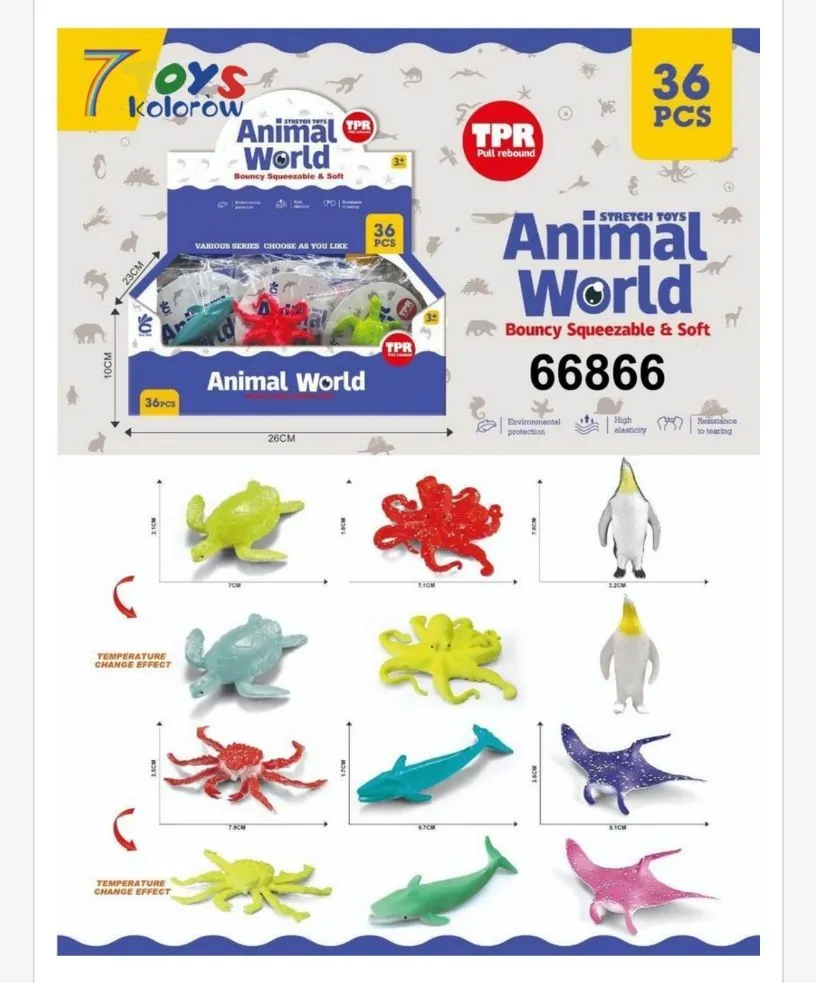 Zestaw 36 gumowych zabawek Animal World Bouncy Squeezeable