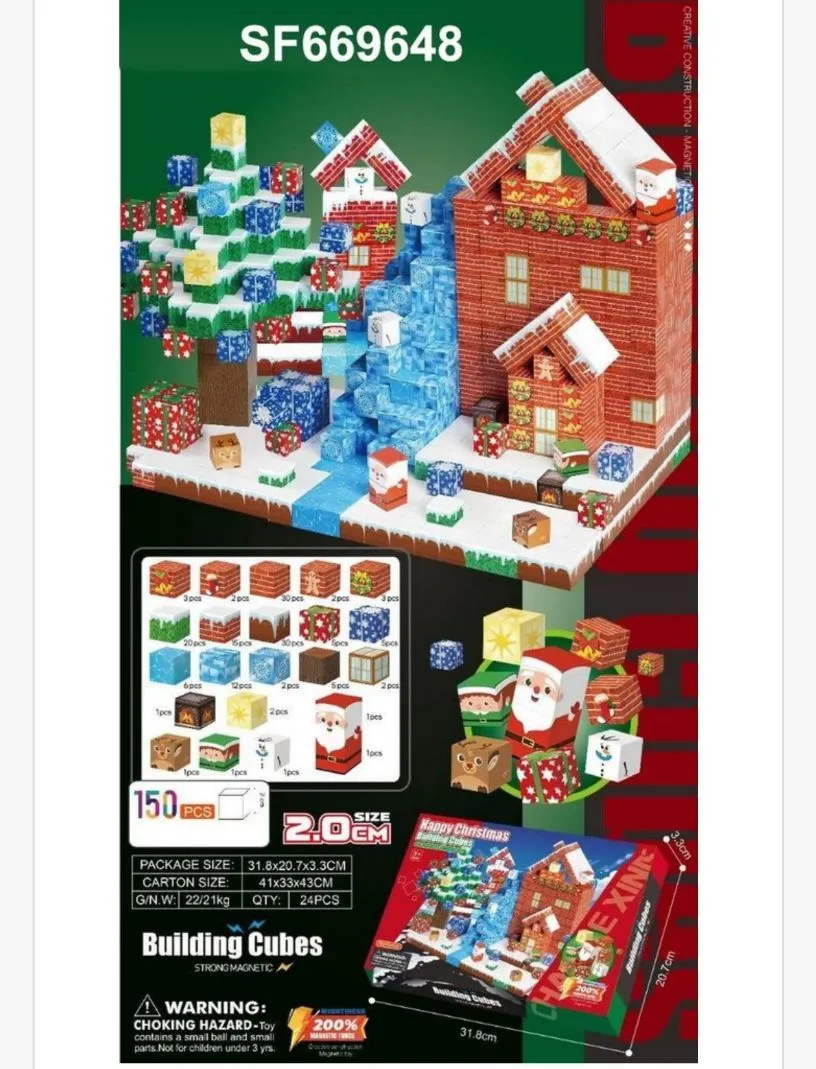 Kostki Magnetyczne Budowlane Happy Christmas 150 szt 20cm
