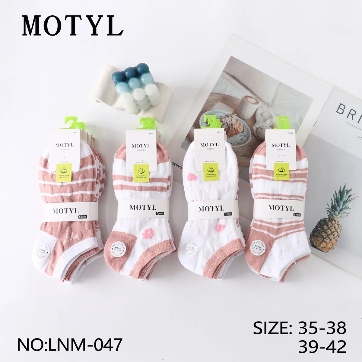 Motyl 5 par skarpet damskich różowo-białych rozmiar 35-42