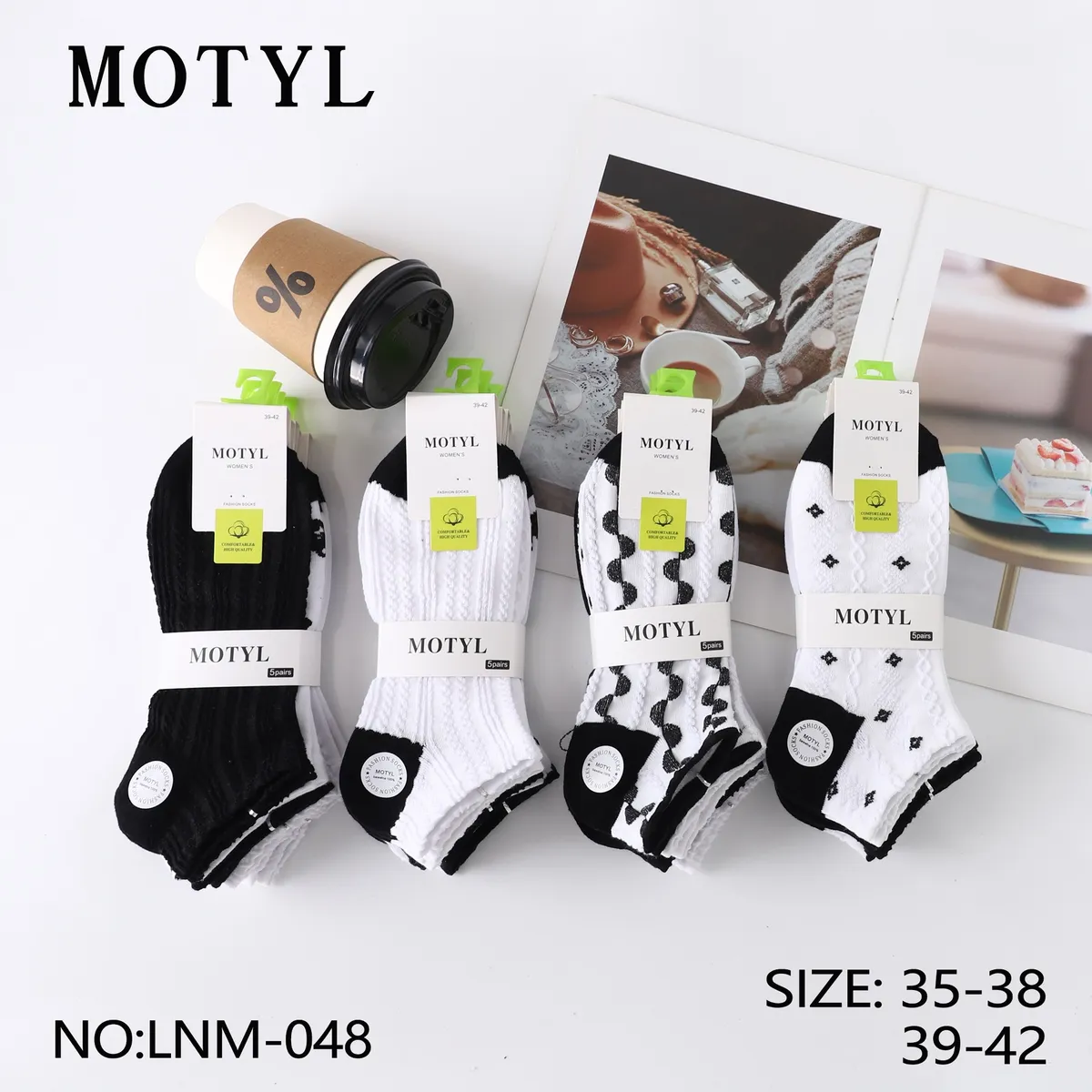 Motyl Skarpetki damskie 5 par czarno-białe rozmiar 35-42