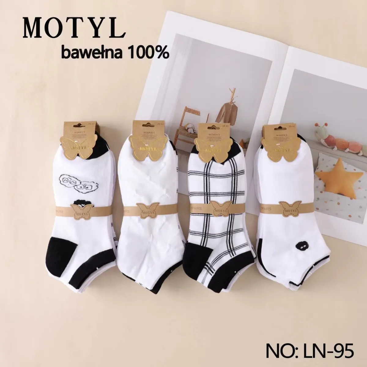 Skarpetki Motylek 4 pary bawełna 100% biało-czarne
