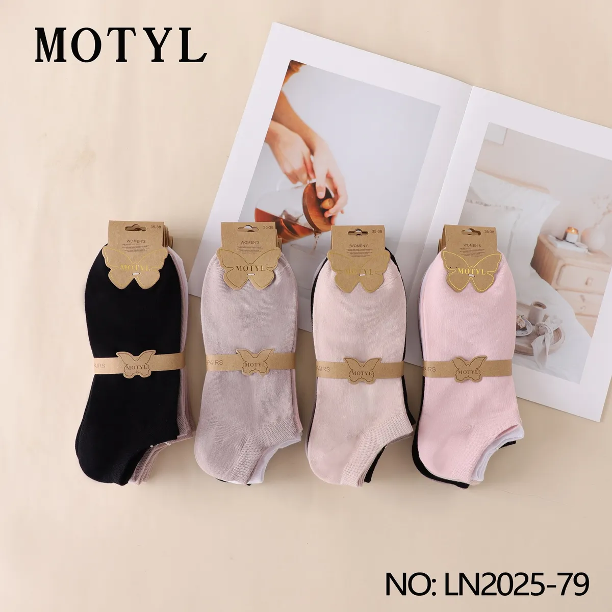 Motylyl Stopki damskie 3 pary 35-38 czarny beżowy różowy