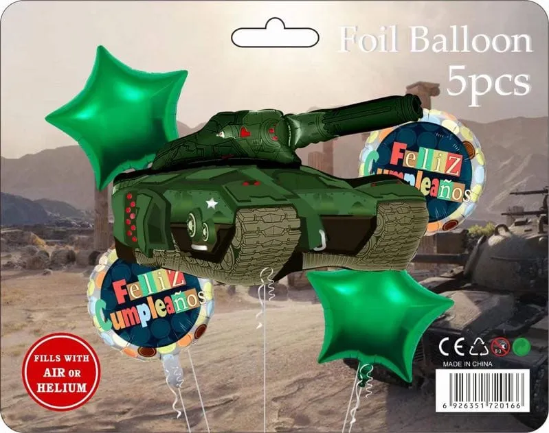 Zestaw 5 balonów foliowych Czołg zielony Feliz Cumpleaños