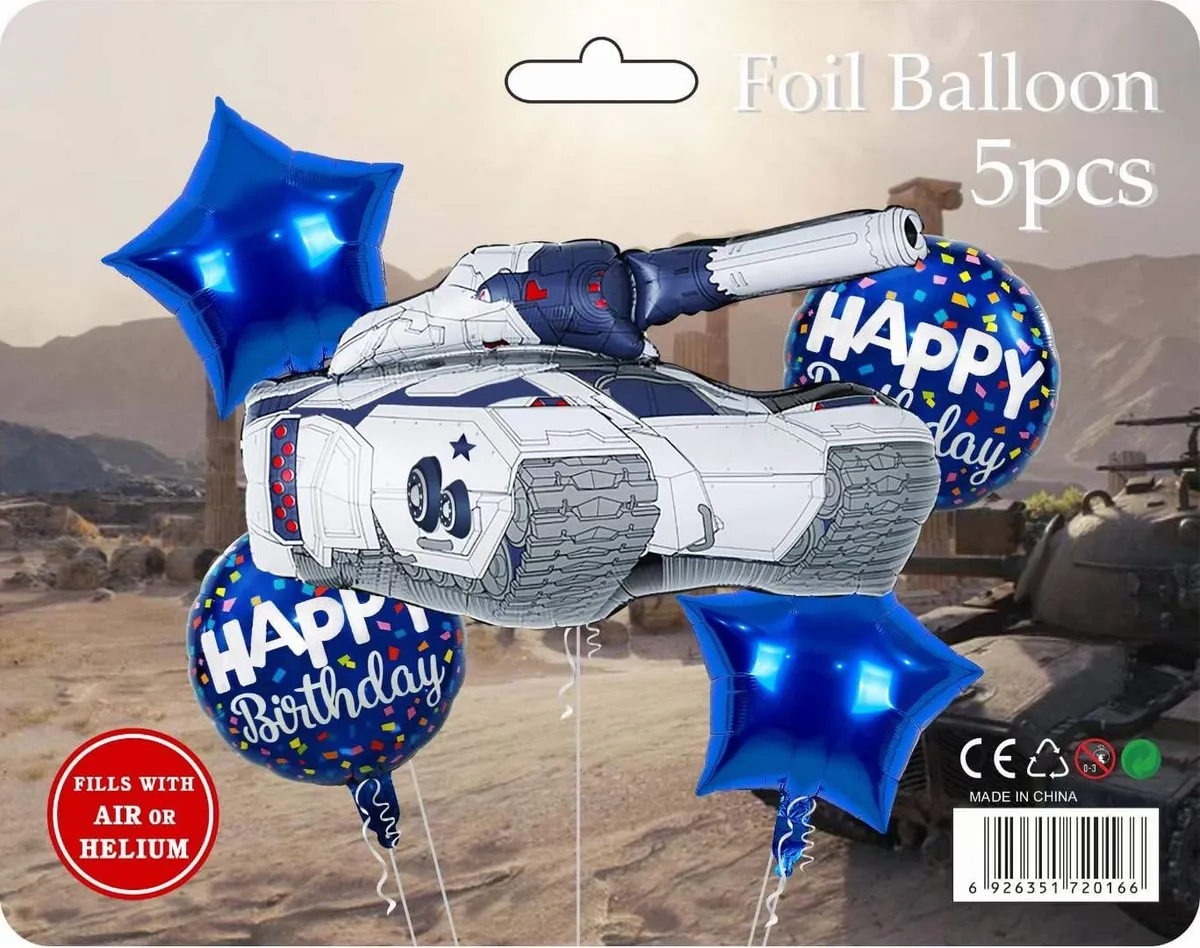 Zestaw balonów foliowych Tank Happy Birthday 5 szt niebieski