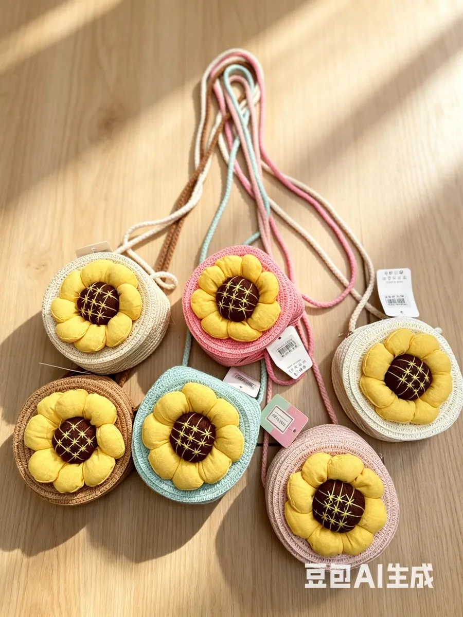Plecione Torebki Sunflower Mix Kolorów z Bawełnianym Kwiatem