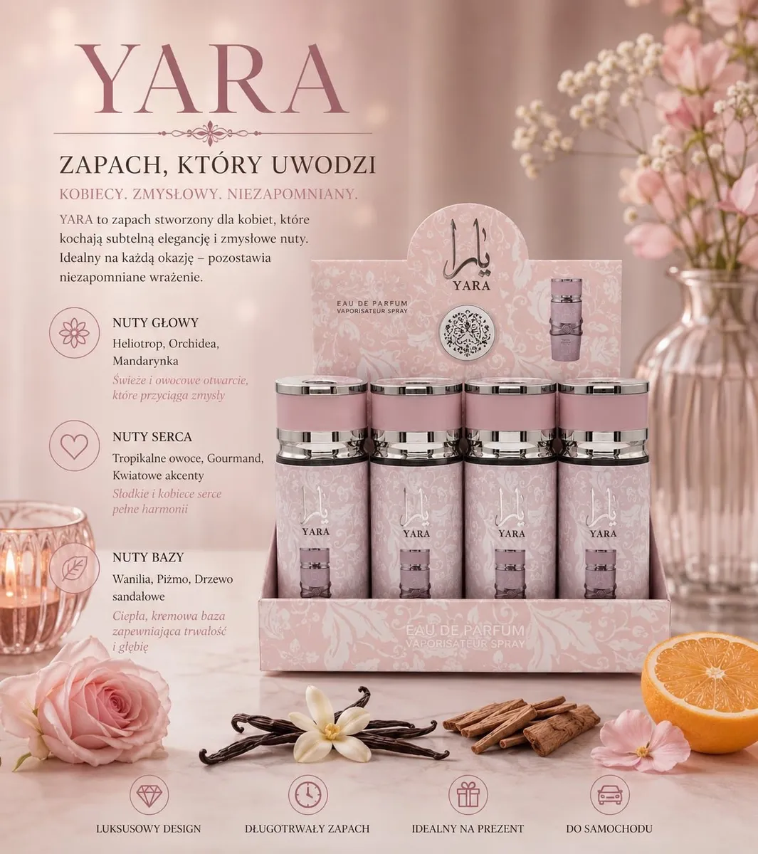 Yara Mgiełka do ciała Eau de Parfum różowa 4 nuty zapachowe