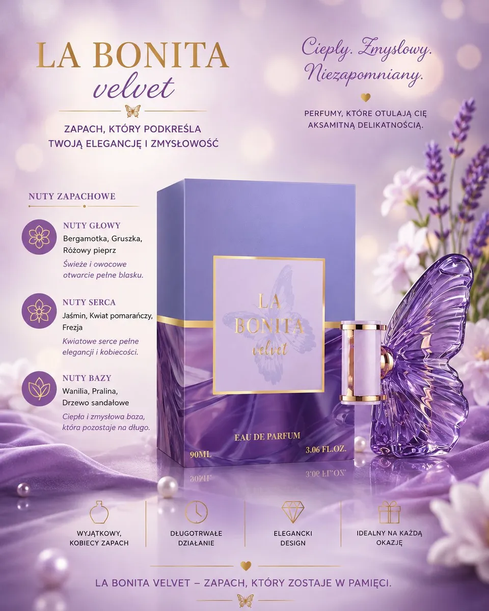 La Bonita Velvet Woda Perfumowana 90ml Fiołkowy Motyl