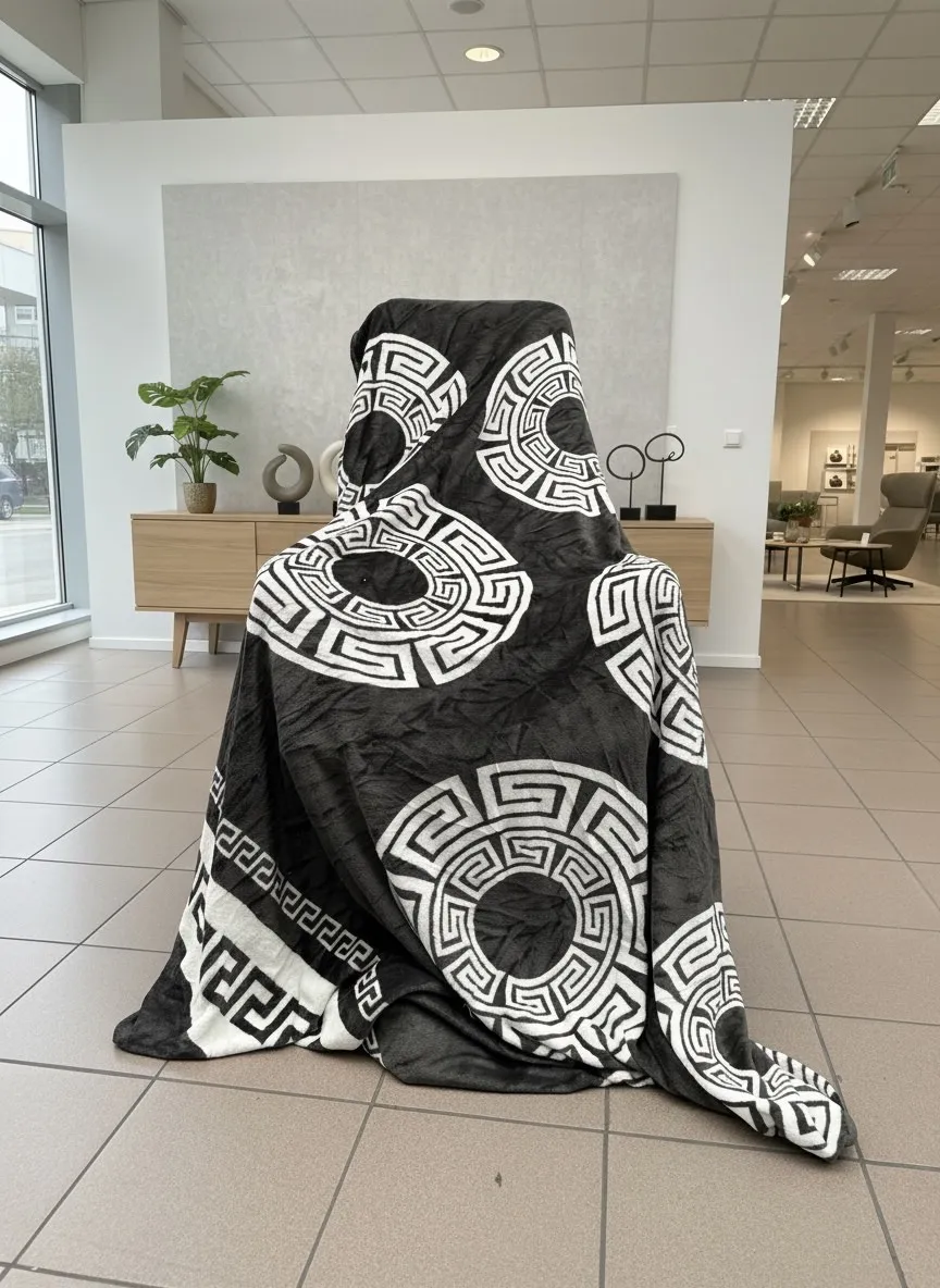 Miękki Koc 200/220cm Czarno-biały Grecki Wzorzec