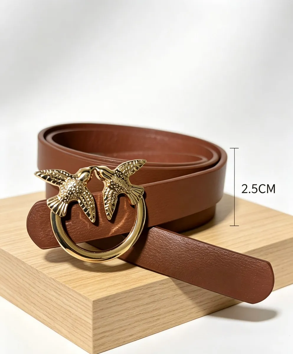 Brązowy pasek skórzany z klamrą ptaki 2.5cm