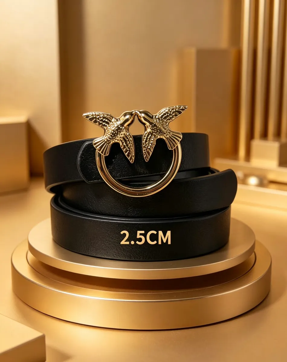 Pasek skórzany czarny z kółkiem ptaki 2.5cm
