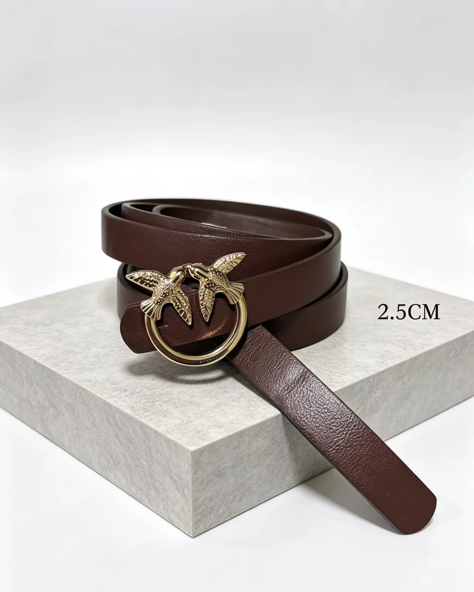 Pasek damski bordowy ze złotą klamrą ptaki 2.5cm